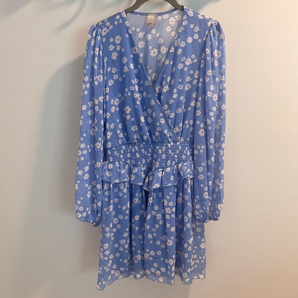 Asos Light Blue Floral Shirred Mini Dress Size 6 US